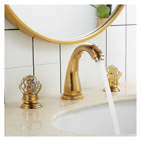 Basin Faucet Gold Bathroom Sink Faucet 3 Hole Widespread Basin Mixer Hot And Cold Brass amd Crystal Water Tap New ,Easy to Install