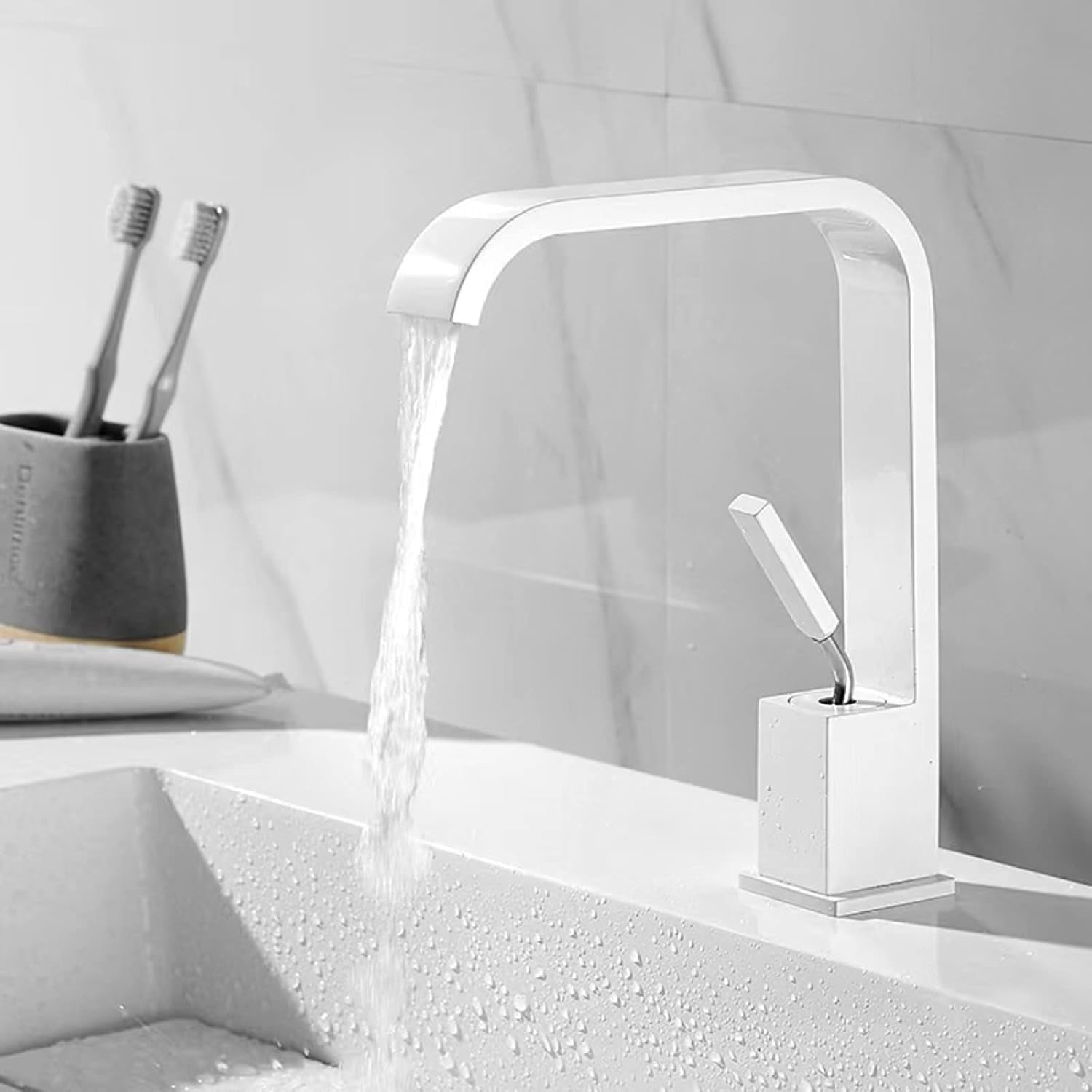 Basin Faucet Waterfall, Brass Bathroom Vanity Faucet, Hot and Cold Water Mixer Tap, Single Handle Waterfall Bathroom Sink Faucets, White