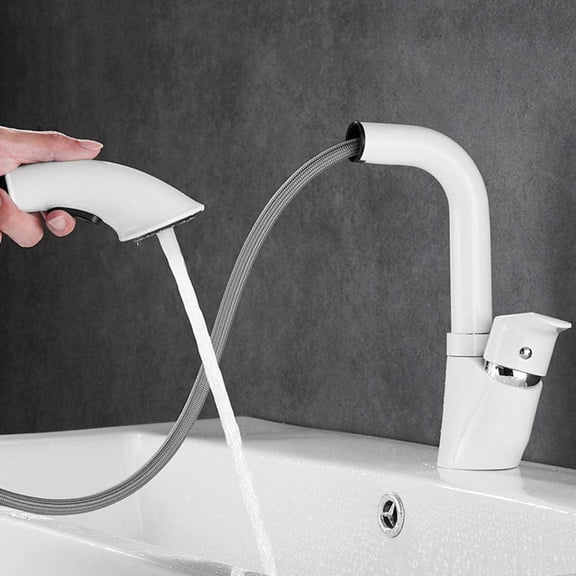 Basin Mixer Tap with Pull Out Spray Bathroom Taps Brass Hot and Cold 2 Water Outlet Modes Single Hole Lifting Retractable Bathroom Faucet White