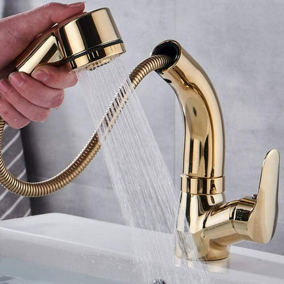Basin Mixer Tap with Pull Out Spray Bathroom Taps Hot and Cold Adjustable 360°Rotating Dual Mode Brass Bathroom Sink Faucet-Golden
