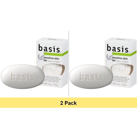 Basis Sensitive Skin Bar Soap, Unscented Soap Bar for Sensitive Skin, 4 oz Bar - 2 Pack