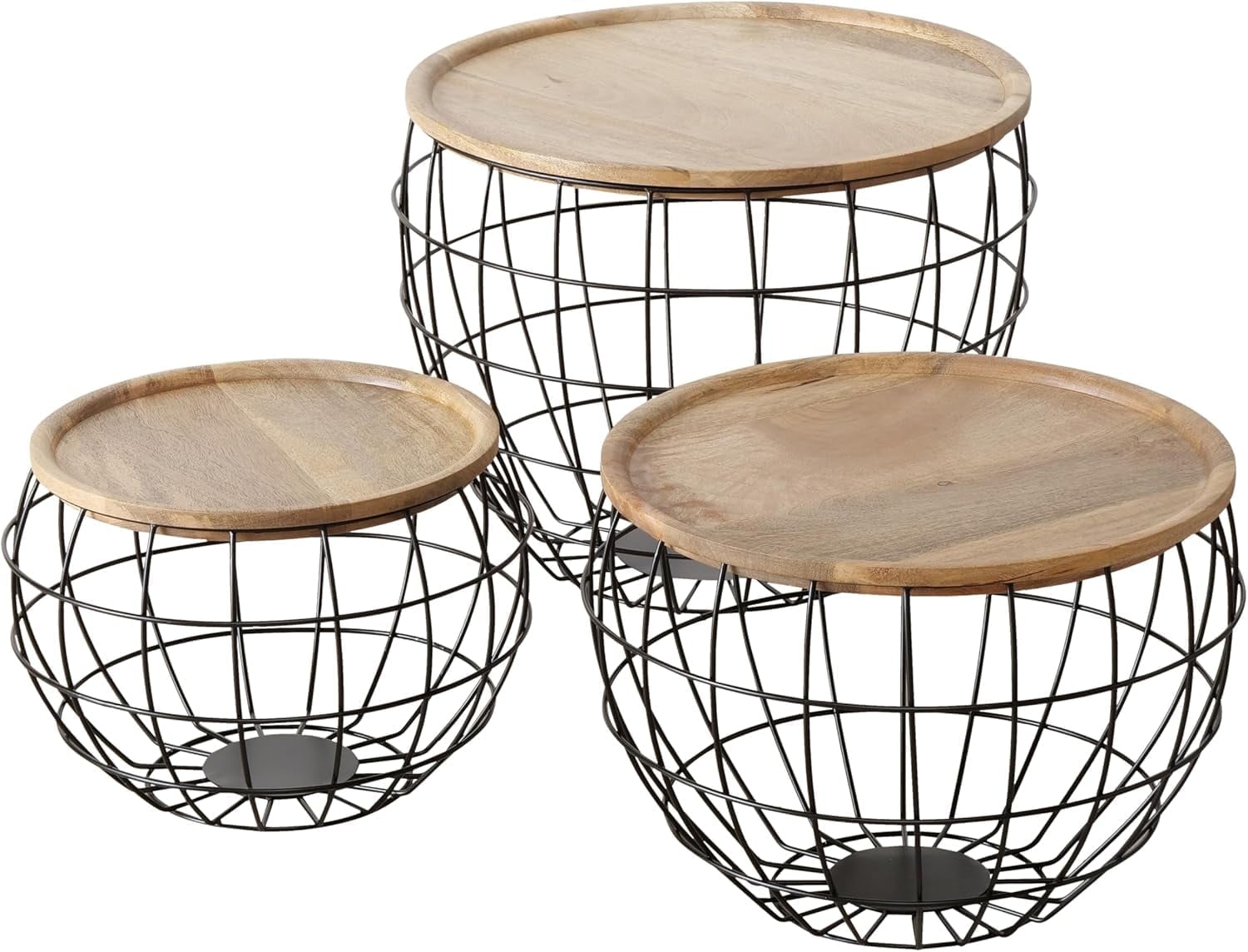 Set of 3 Wood Top Basket Bottom End T...