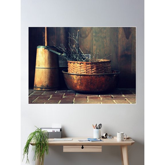 Basket Bowl Branches Churn Still Life Poster Wall Art, Modern Wall Decor For Living Room Bedroom, 24x36 UNFRAMED