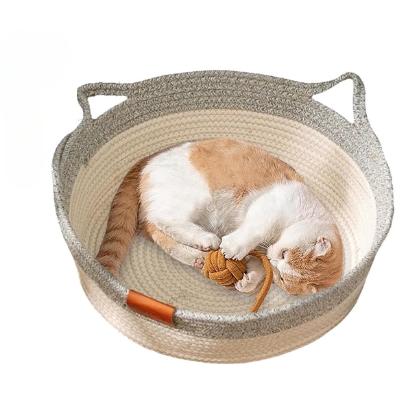 Basket for Cats with Durable Cotton Rope Weave, Handwoven Cat Bed with Built-in Washable Scratching Pad, Toy Tail for All-Season Indoor Comfort of Small Large Cats & Dogs.