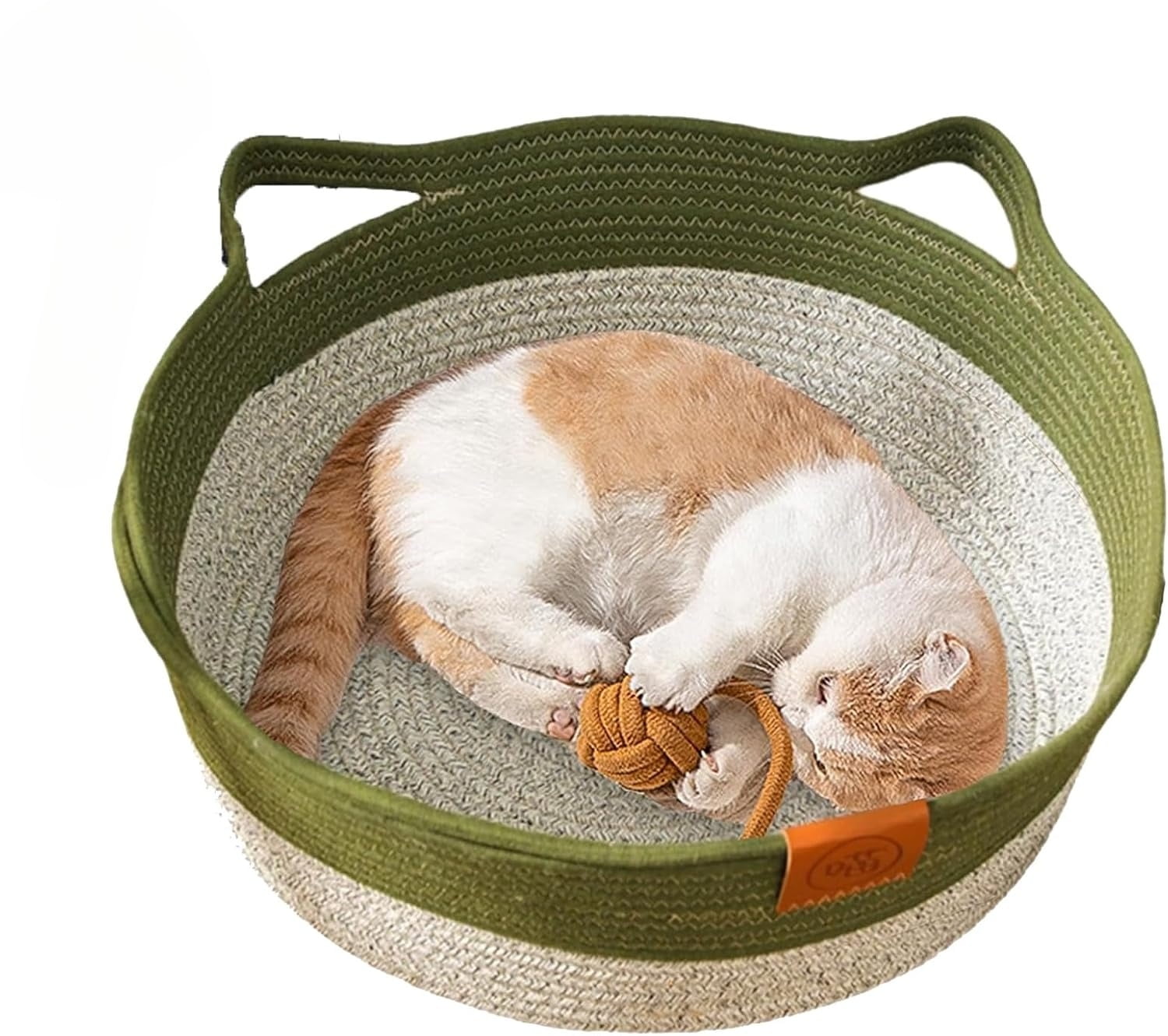 Basket for Cats with Durable Cotton Rope Weave, Handwoven Cat Bed with Built-in Washable Scratching Pad, Toy Tail for All-Season Indoor Comfort of Small Large Cats & Dogs.