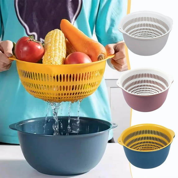 Basket Drainage Dual Basket, Vegetable Washing Bowl, Plastic Colander, 2-in-0.99 Design, Easy Grip Handles, Kitchen Essential, for Fruits and Vegetables, Quick Drainage, Food Prep Tool, UKHBMC