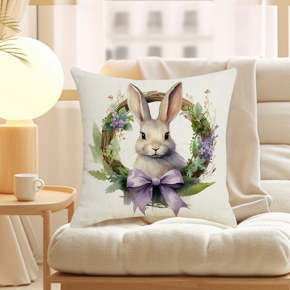 Basket with Easter Bunny Eggs Decorative Throw Pillow Cover, Watercolor Pattern Square Pillowcase Blended Double-Sided for Sofa Bedroom Living Room, 17.7x17.7 Inch