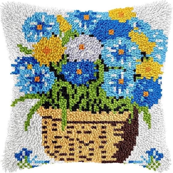 Basket of Flowers Latch Hook Kits Pillow DIY Rug Crochet Hook Cushion Making Kits with Preprinted Pattern Canvas Instruction Yarns Pillow Cover Easy Starter DIY Crochet Kits 43x43cm de105)