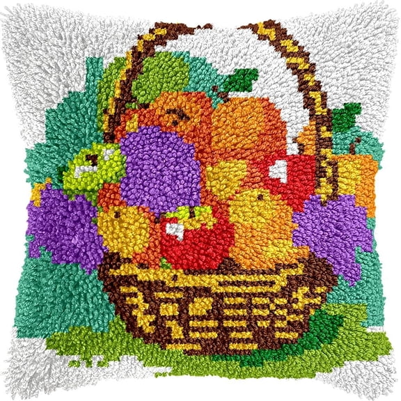 Basket of Fruits Latch Hook Pillow Kits DIY Pillowcase Crochet Hook Cushion Making Kits with Preprinted Pattern Canvas Instruction Yarns Pillow Cover Easy Starter DIY Kits 43x43cmk138)
