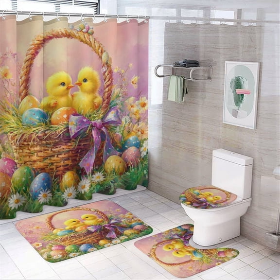 Basket Full of Spring Chicks And Colorful Eggs Shower Curtain Sets with Rugs 4 Piece Shower Curtain Set with Rugs Chicken Decor Waterproof Fabric Bath Curtains for Bathtub Decor