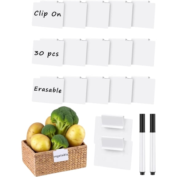 Basket Labels Clip On, 30 Pcs Erasable Clip On Labels for Storage Bins with 2 Chalk Marker (White Bin Clips)