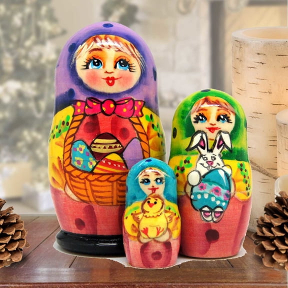Basket Matreshka Nesting Hand-Painted Doll Set of 3 by G. DeBrekht | Easter Spring Dcor - 14737