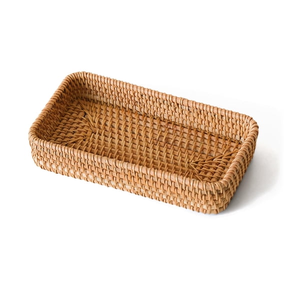 Basket Organizer Tray, Rectangle Tabletop Breakfast Drinks Snack Fruit Storage Platter Handwoven Wicker Tray for Table, Coffee, Home Decor (Small)