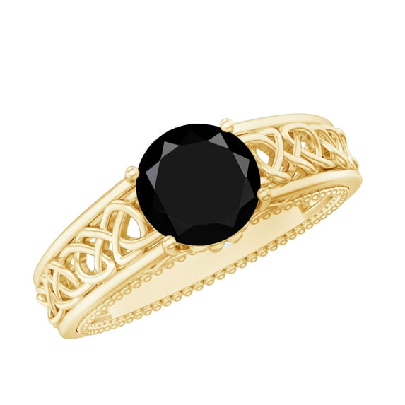 Rosec Jewels Natural Black Spinel Solitaire Engagement Ring with Diamond - 8 mm - Celtic Knot Ring - AAA Quality - With Jewelry Box, 18K Yellow Gold, US 4.00