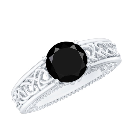 Rosec Jewels Natural Black Spinel Solitaire Engagement Ring with Diamond - 8 mm - Celtic Knot Ring - AAA Quality - With Jewelry Box, 925 Sterling Silver, US 4.00