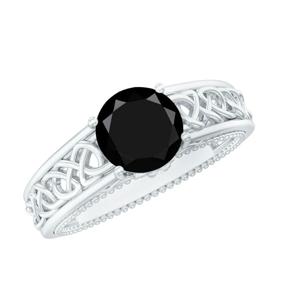 Rosec Jewels Natural Black Spinel Solitaire Engagement Ring with Diamond - 8 mm - Celtic Knot Ring - AAA Quality - With Jewelry Box, 925 Sterling Silver, US 4.00