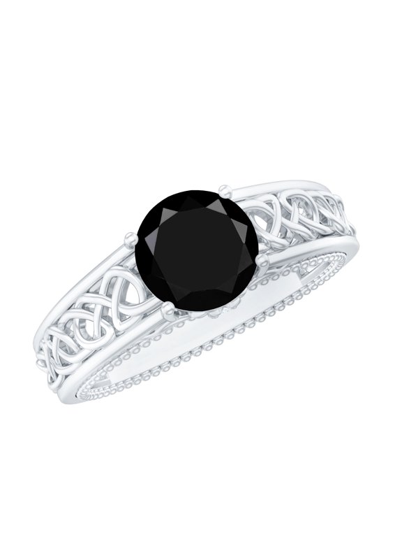Real Black Spinel Solitaire Engagement Ring with Diamond - 2.6 Ct - Celtic Knot Ring - AAA Quality - with Jewelry Box, 925 Sterling Silver, US 4.00