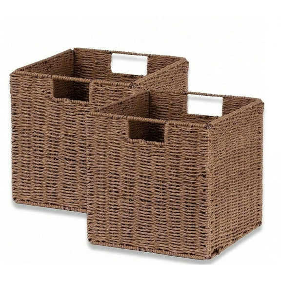 Basket, Set Of 2 Pcs Basket, Hand-Woven Paper String Storage Baskets For Organizing, Foldable Rectangular Cube Storage Organizer Bins Baskets