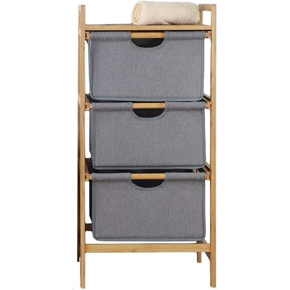 Basket Storage Drawers Unit 3-Tier Fabric Laundry Bag Clothes Baskets Storage Organization with Bamboo Frame Pull-Out Bathroom Dresser Tower Organizer