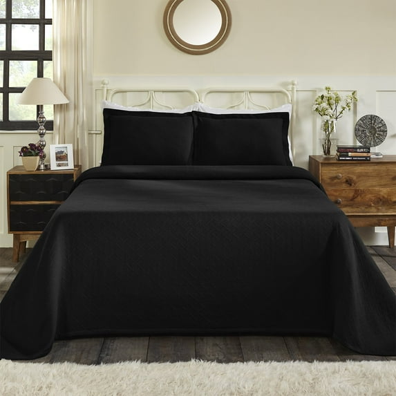 Basket Weave 100% Cotton Jacquard Matelassé Bedspread Set Black / Queen