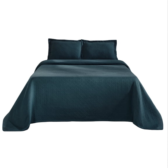 Basket Weave 100% Cotton Jacquard Matelassé Bedspread Set Deep Sea / Queen