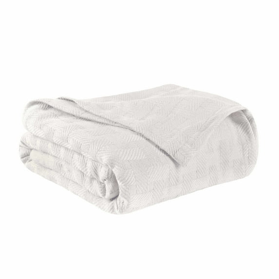 Basket Weave All-Season 100% Cotton Thermal Woven Blanket White / Full/Queen