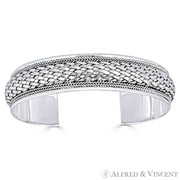 Basket-Weave & Braided Rope Detail 15mm Open-Cuff Bangle in Solid .925 Sterling Silver