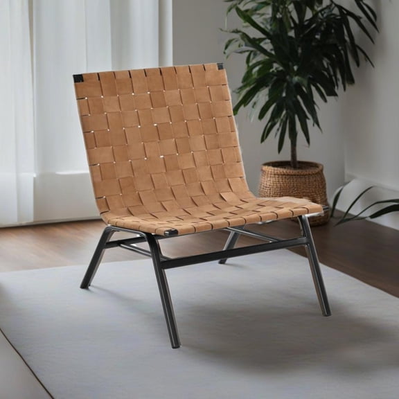 Basket Weave Leather Accent Chair with Durable Metal Frame / Long - term Seating Solution