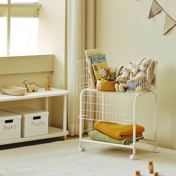 Rolling Laundry Basket with Wheels and Brake - Metal Wire Storage Bin for Clothes, Toys & Blankets, White