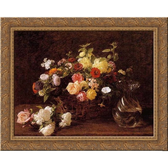 Basket of Flowers 24x20 Gold Ornate Wood Framed Canvas Art by Fantin Latour, Ignace Henri Jean Theodore