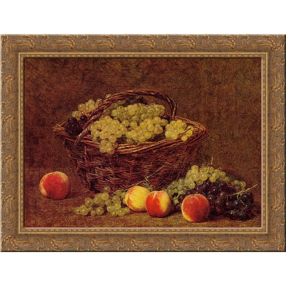 Basket of White Grapes and Peaches 24x18 Gold Ornate Wood Framed Canvas Art by Henri Fantin-Latour