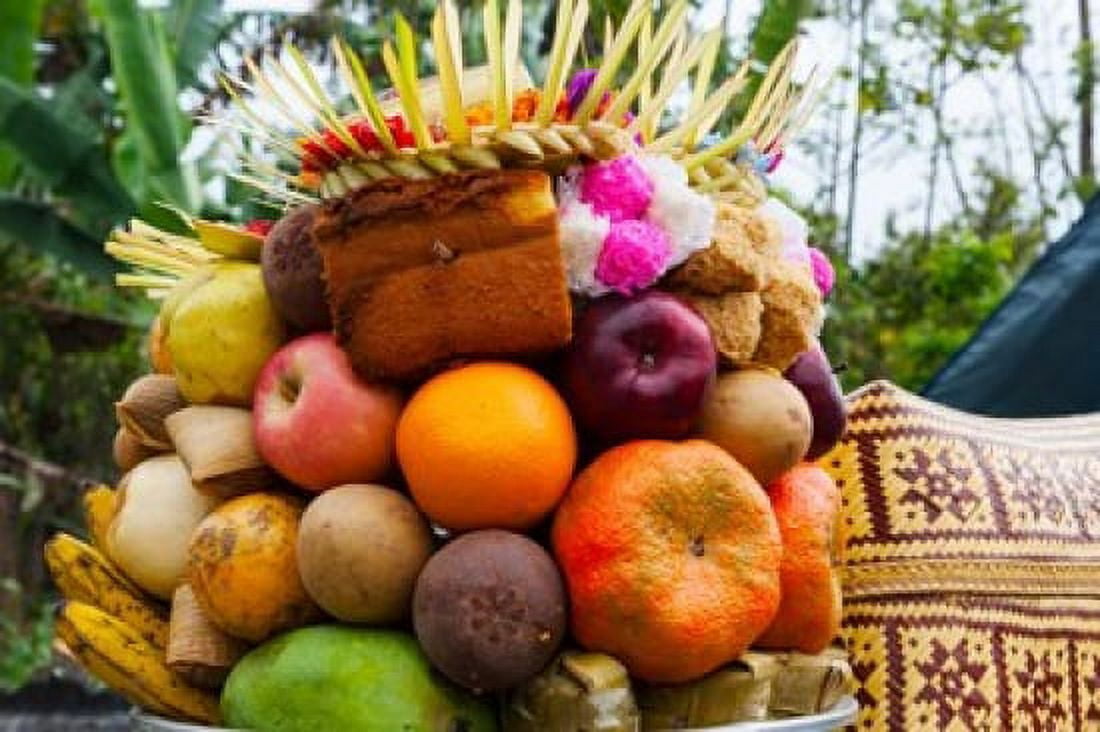 Basket of fruits and bakery items being offered at temple on holy day Tiga Susut Bali Indonesia Canvas Art - Panoramic Images (36 x 24)