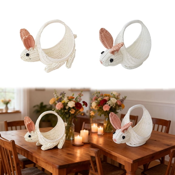 Basket with Handle Easter Bunny Rattan Woven Picnic Baskets with Rabbit Ear Straw Wicker Egg Candy Storage for Egg Party Supplies Gifts (B)