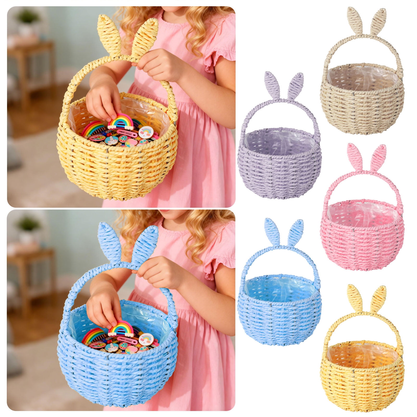 Basket with Handle Easter Bunny Rattan Woven Picnic Baskets with Rabbit Ear Straw Wicker Egg Candy Storage for Egg Party Supplies Gifts (Pink)
