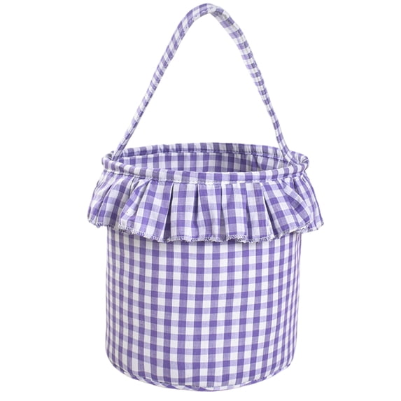 Basket with Handle Purple Gingham Ruffle Fabric Storage Basket 9X9X8 Inch Single Pc Round Trick Or Treat Basket for Halloween Party Favors