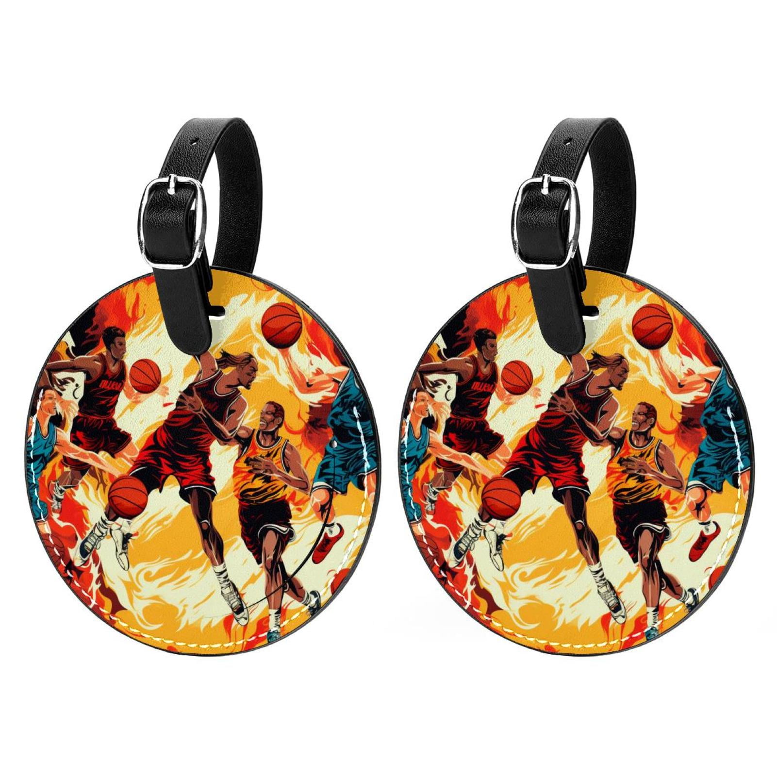 Basketball 2Pcs PU Leather Round Luggage Tags with Privacy Cover and Name ID Tag for Suitcase