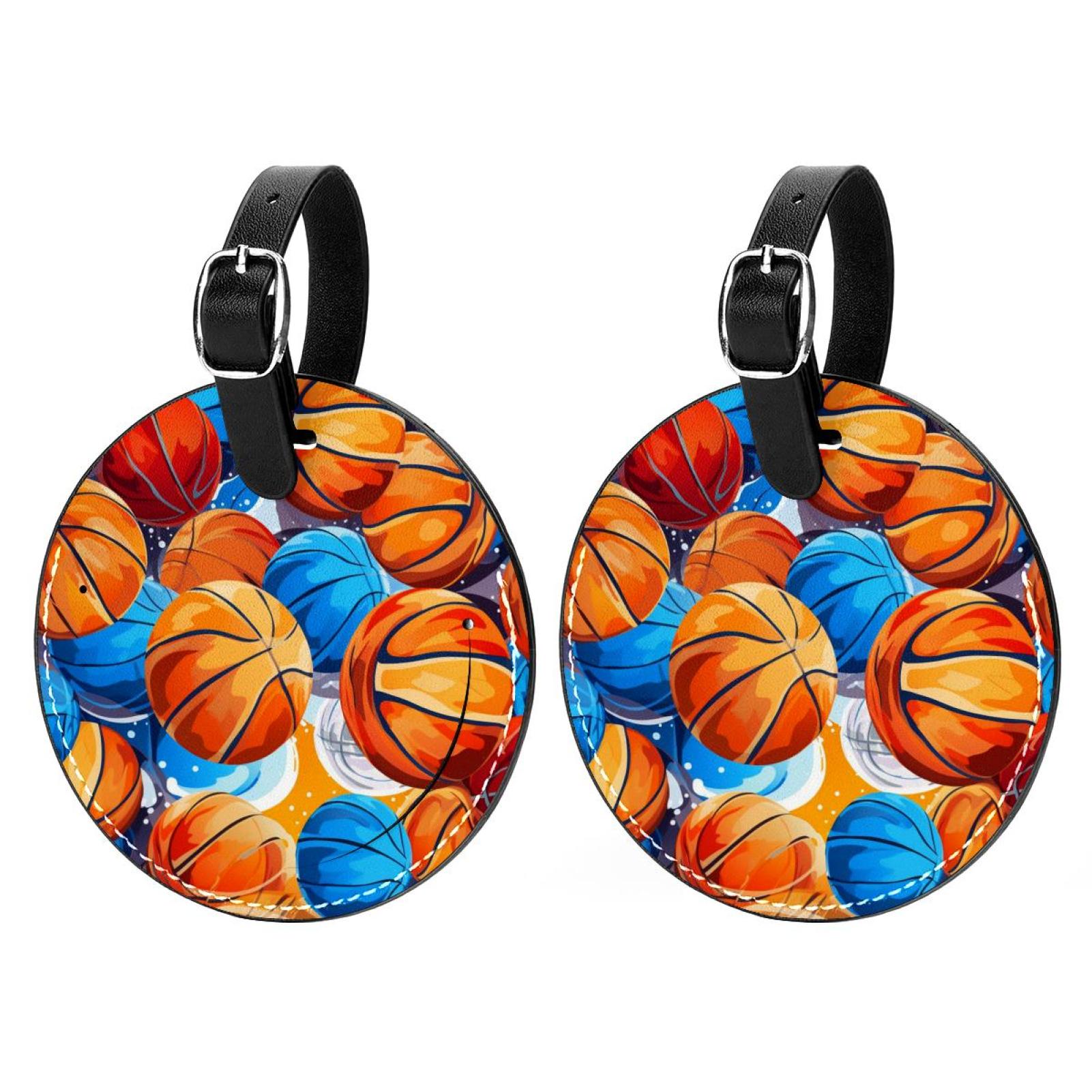 Basketball 2Pcs PU Leather Round Luggage Tags with Privacy Cover and Name ID Tag for Suitcase
