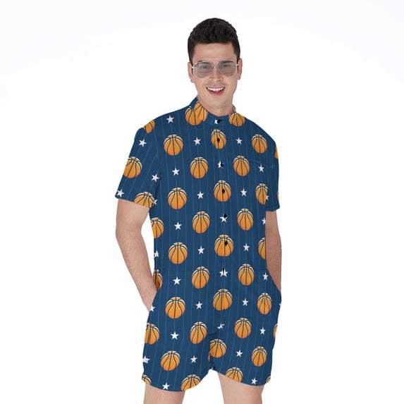 Basketball And Star Pattern Short Sleeve Men'S Rompers, Basketball Player Sports Casual Summer Jumpsuits Outfit