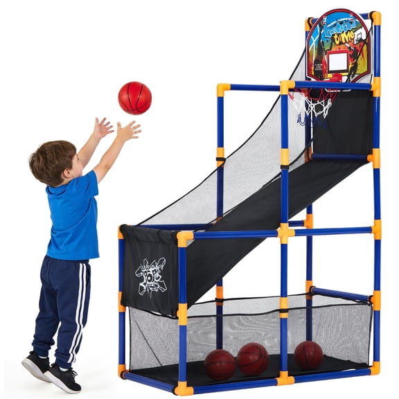 Basketball Arcade Game Set with 4 Balls – Indoor & Outdoor Basketball Hoop and Dart Game, Height Adjustable Basketball Sports Toy for Boys & Girls