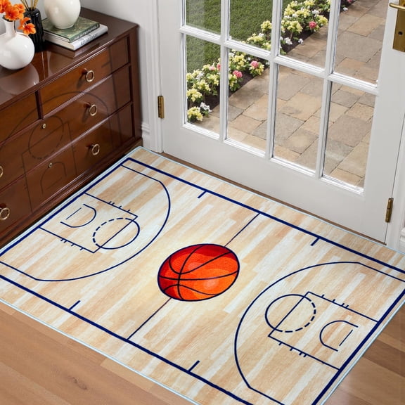 Basketball Area Rug 3x5ft, Machine Washable, Non-Slip Bottom, Foldable & Easy to Store, Easy-Care Sports Carpet for Living Room Bedroom Kids Room