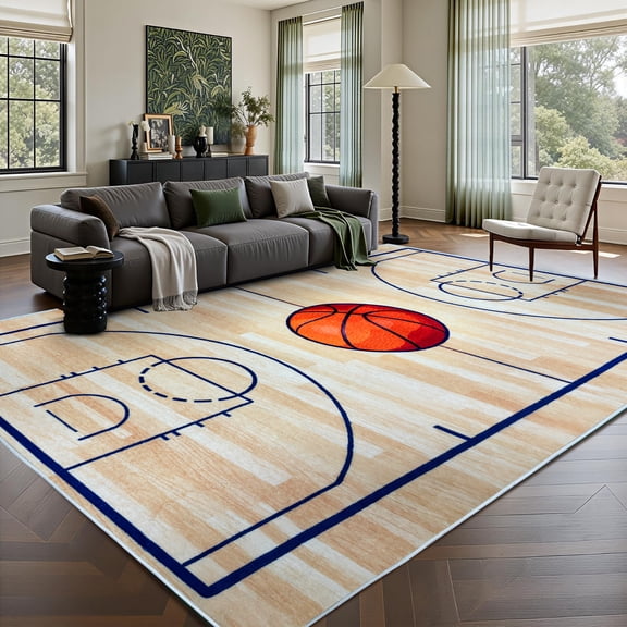 Basketball Area Rug 6x9ft, Machine Washable, Non-Slip Bottom, Foldable & Easy to Store, Easy-Care Sports Carpet for Living Room Bedroom Kids Room
