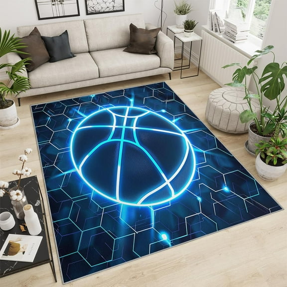 Basketball Area Rugs Blue Neon Abstract Honeycomb Rug Navy Blue Basketball Carpet Irregular Hexagonal Stripes Thin Rug For Kids Room Teen Room Decor 1x2ft