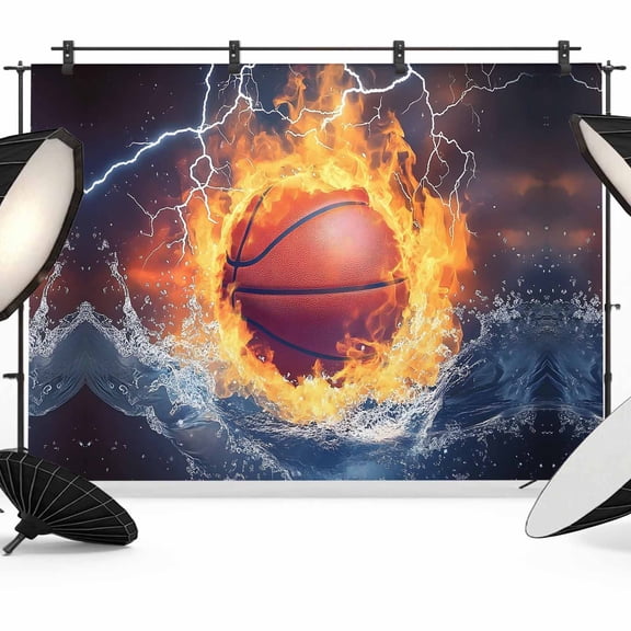Basketball Backdrop for Photography, Abstract Fire and Water Lightning Impact Photo Backdrop Portrait Background Party Banner Photo Backgrounds for Studio Booth Props, 7x5ft