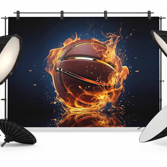 Basketball Backdrop for Photography, Fabric Photo Background Backdrop, Sports Black Orange Photo Booth Background for Portrait Photoshoot Video Wedding Studio Decoration Banner 7x5ft