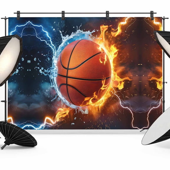 Basketball Backdrop for Photography, Water and Fire Lightning Impact Photo Backdrop Portrait Background Party Banner Photo Backgrounds for Studio Booth Props, 12x8ft