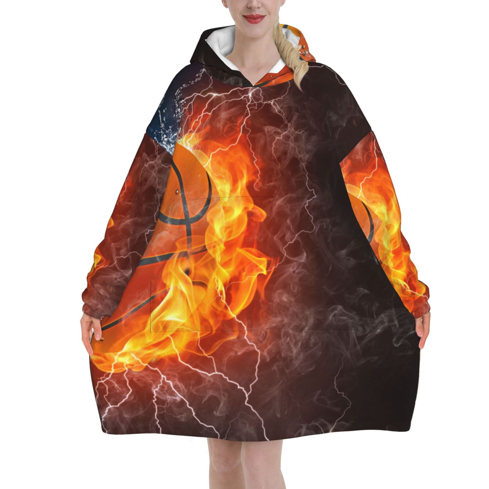 Basketball Ball On Fire And Water Oversized Blanket Hoodie Wearable