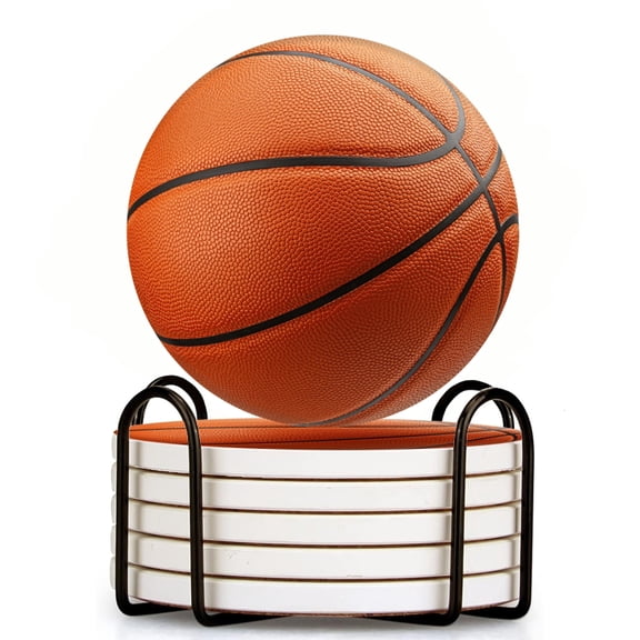 Basketball Ball On White Background Set of 6 Ceramic Coasters with Holder, Absorbent Drink Bar Coasters, Table Coasters for Living Room Decor Tabletop Protection
