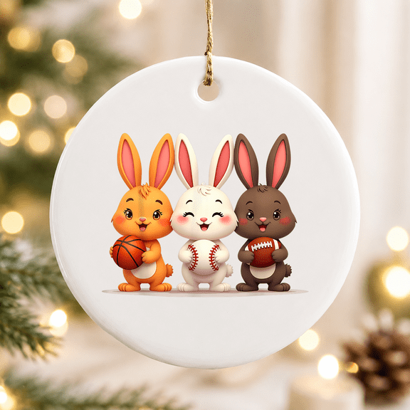 Basketball Baseball Football Sports Easter Cute Bunny Rabbit Christmas Ornament, Game Day Keepsake, Ceramic Ornament