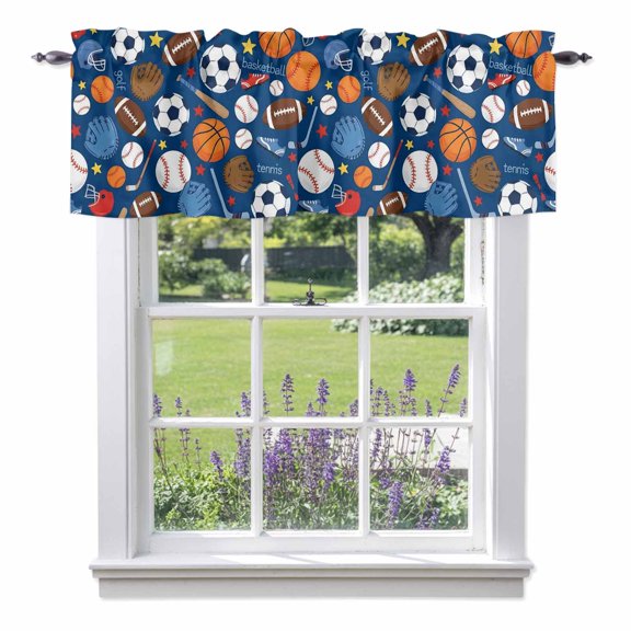 Basketball Baseball Football Valances for Windows,Kitchen Valance Rod Pocket Short Curtain, Energetic Sports Theme on Blue Valance Curtain Window Valances for Bedroom Bathroom Living Room 42x12in