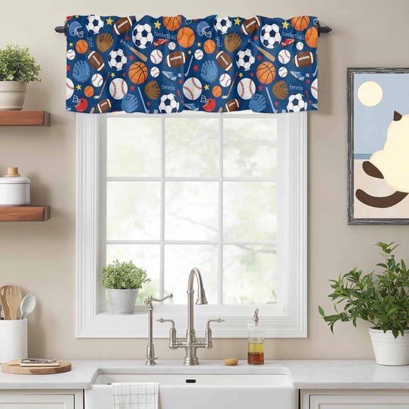 Basketball Baseball Football Valances for Windows,Kitchen Valance Rod Pocket Short Curtain, Energetic Sports Theme on Blue Valance Curtain Window Valances for Bedroom Bathroom Living Room 54x18in